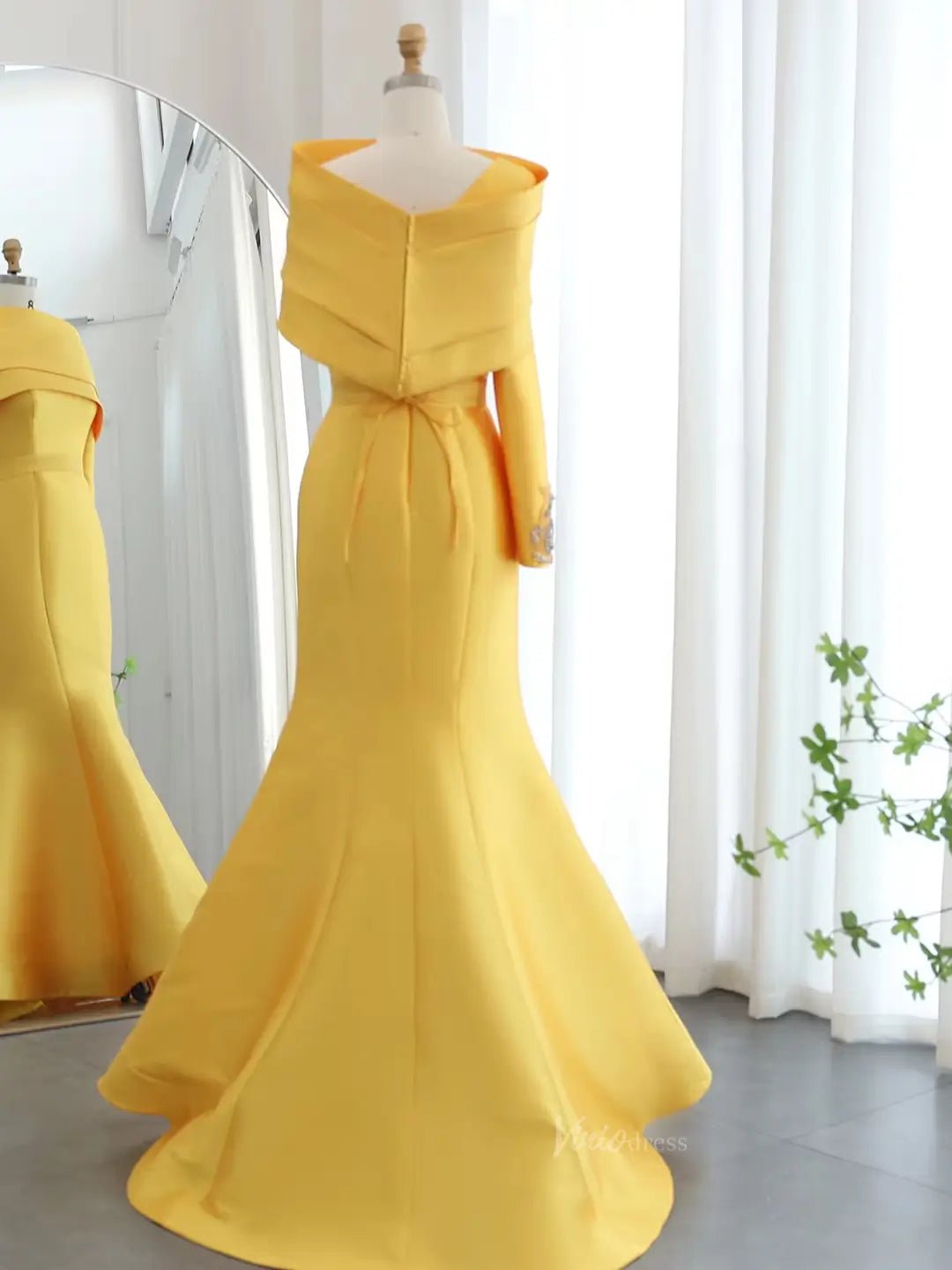 One Shoulder Long Sleeve Prom Dresses Elegant Mermaid Satin Wedding Dresses BD061-prom dresses 2025 -Viniodress-Yellow-US 2-