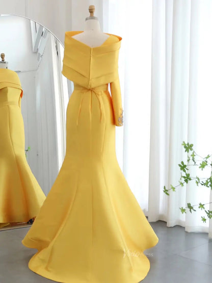 One Shoulder Long Sleeve Prom Dresses Elegant Mermaid Satin Wedding Dresses BD061-prom dresses 2025 -Viniodress-Yellow-US 2-