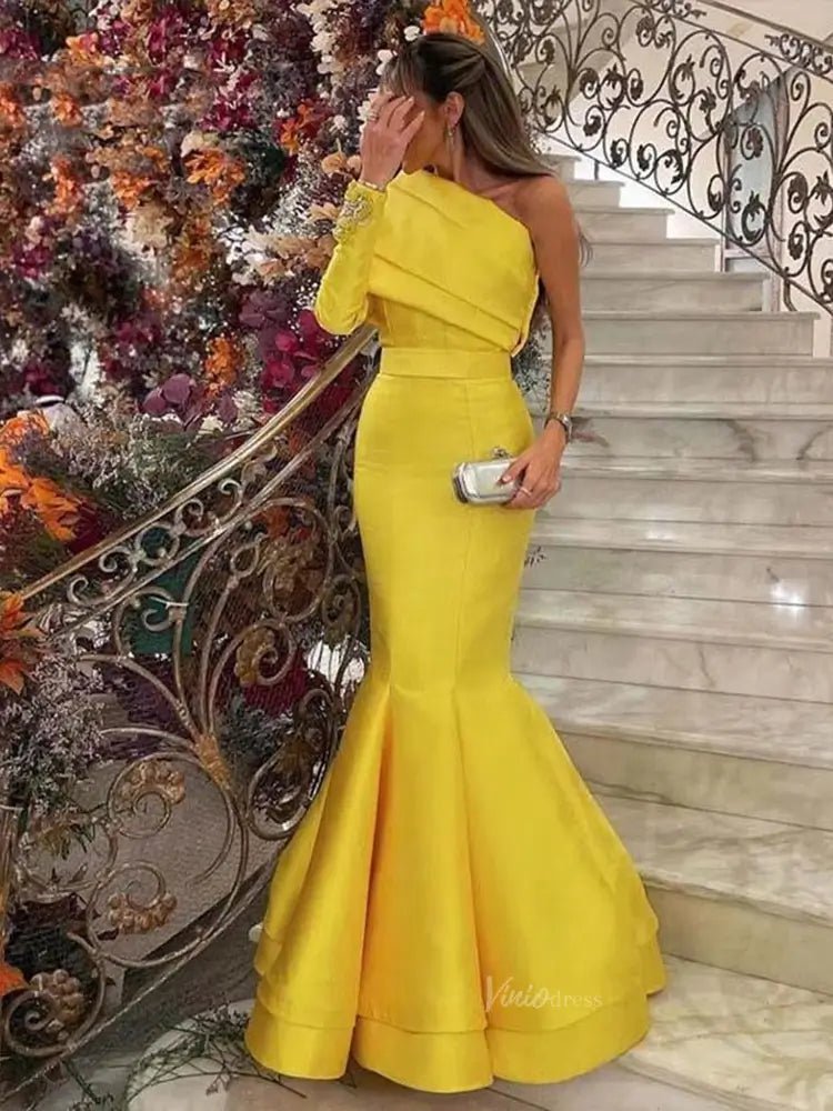 One Shoulder Long Sleeve Prom Dresses Elegant Mermaid Satin Wedding Dresses BD061-prom dresses 2025 -Viniodress-Yellow-US 2-