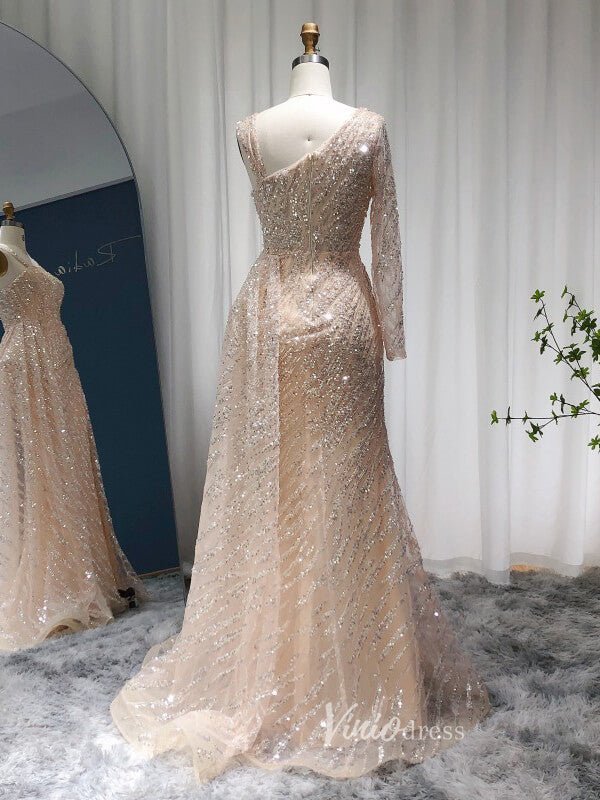 One Shoulder Long Sleeve Prom Dresses High Slit Champagne Beaded Evening Dress 20090-Evening Dresses 2025 -Viniodress-Champagne-US 2-