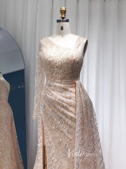 One Shoulder Long Sleeve Prom Dresses High Slit Champagne Beaded Evening Dress 20090-Evening Dresses 2025 -Viniodress-Champagne-US 2-