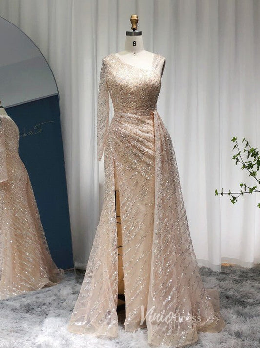One Shoulder Long Sleeve Prom Dresses High Slit Champagne Beaded Evening Dress 20090-Evening Dresses 2025 -Viniodress-Champagne-US 2-