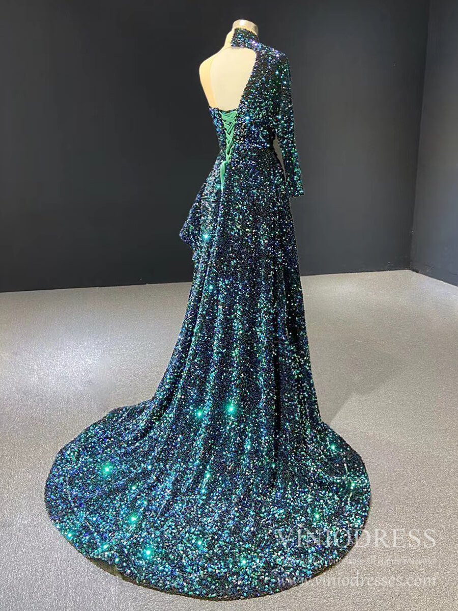 One Shoulder Long Sleeve Sequin Prom Dresses Sheath Overskirt Pageant Gown FD1993-prom dresses 2025 -Viniodress-Dark Red-Custom Size-