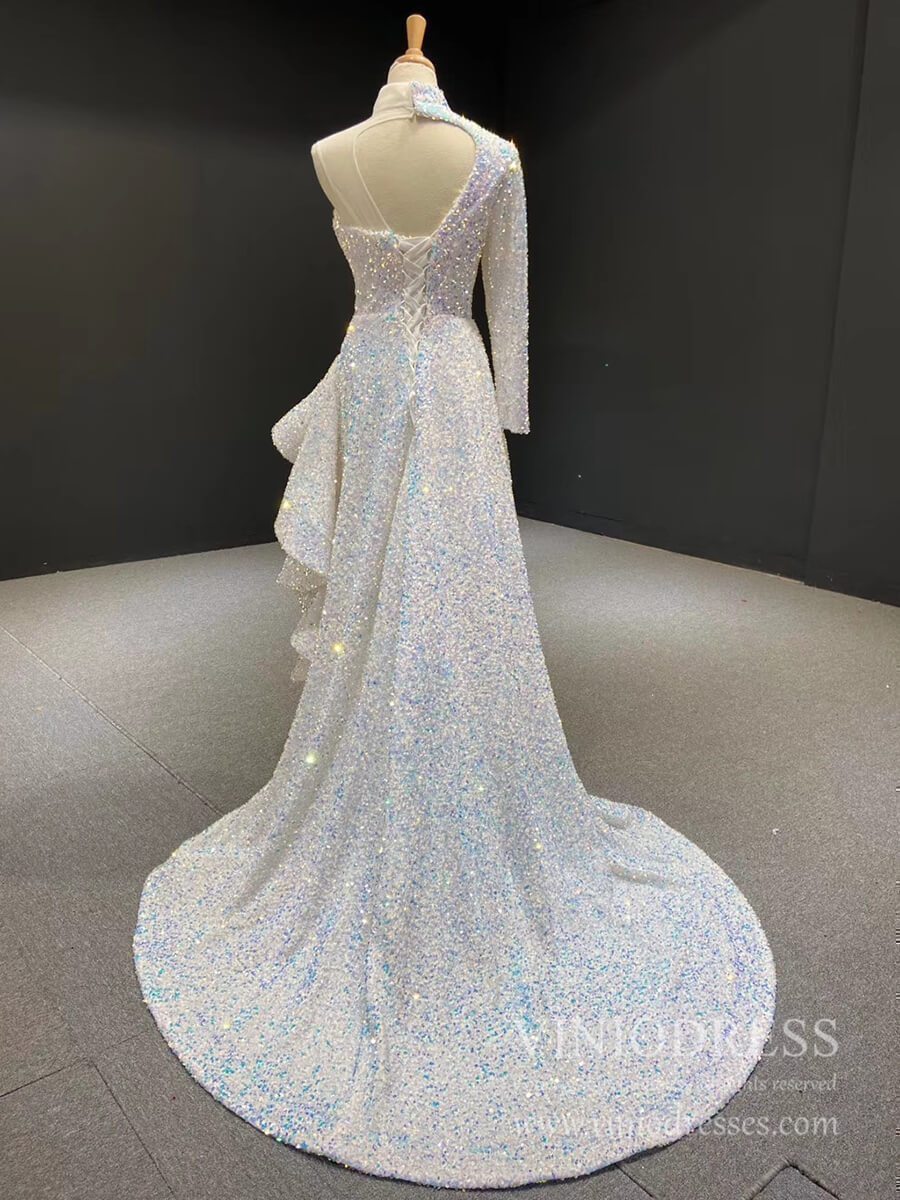 One Shoulder Long Sleeve Sequin Prom Dresses Sheath Overskirt Pageant Gown FD1993-prom dresses 2025 -Viniodress-Dark Red-Custom Size-