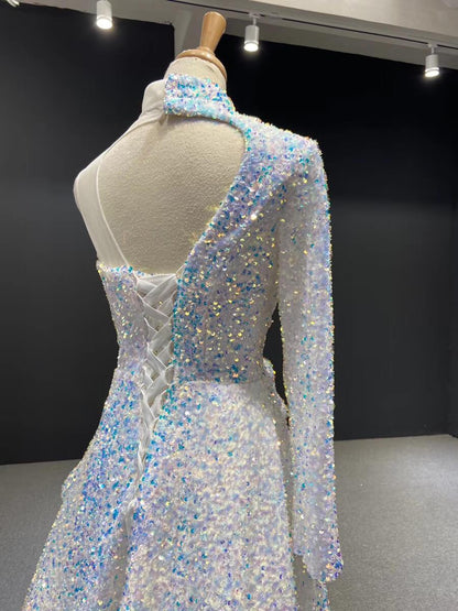 One Shoulder Long Sleeve Sequin Prom Dresses Sheath Overskirt Pageant Gown FD1993-prom dresses 2025 -Viniodress-Dark Red-Custom Size-