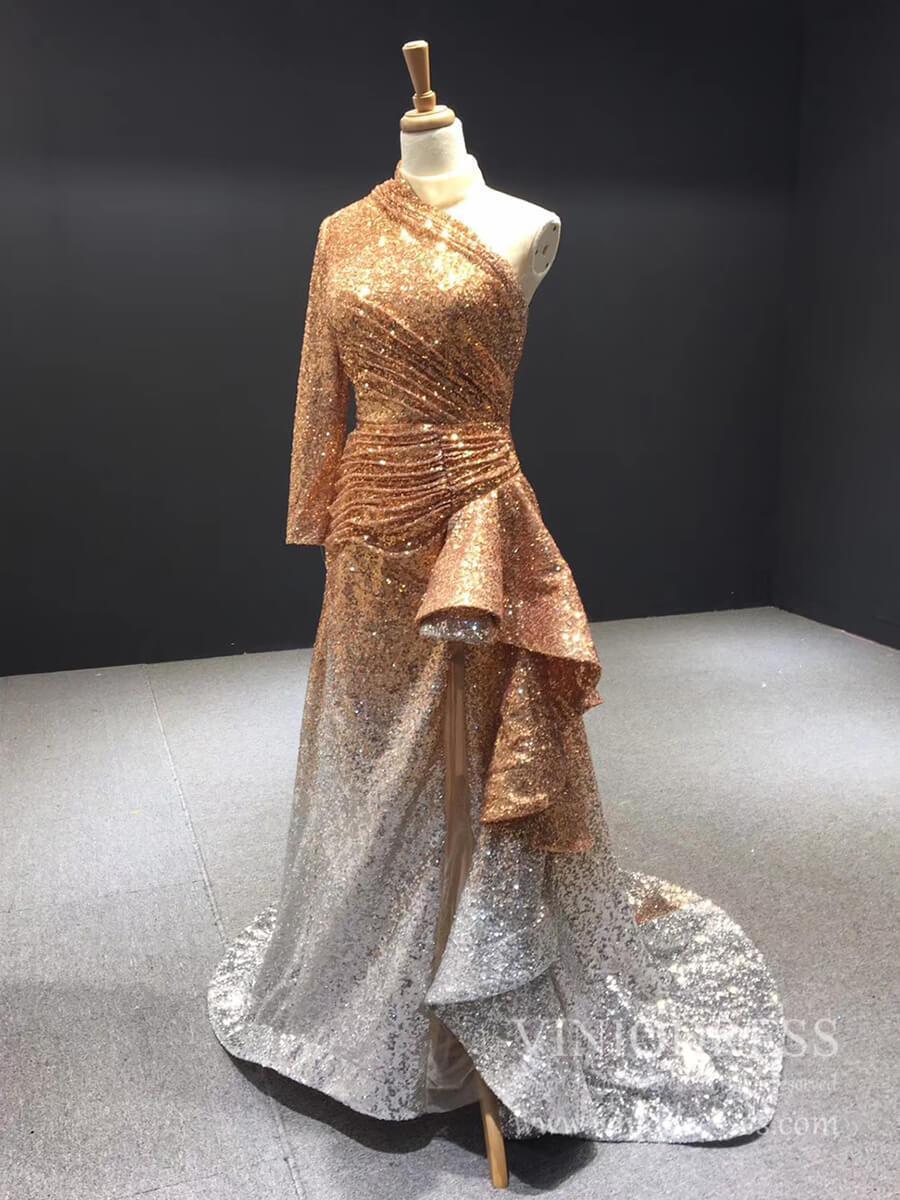 One Shoulder Long Sleeve Sequin Prom Dresses Sheath Overskirt Pageant Gown FD1993-prom dresses 2025 -Viniodress-Dark Red-Custom Size-