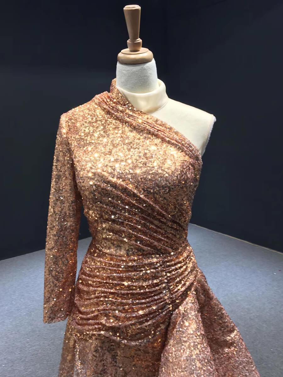 One Shoulder Long Sleeve Sequin Prom Dresses Sheath Overskirt Pageant Gown FD1993-prom dresses 2025 -Viniodress-Dark Red-Custom Size-