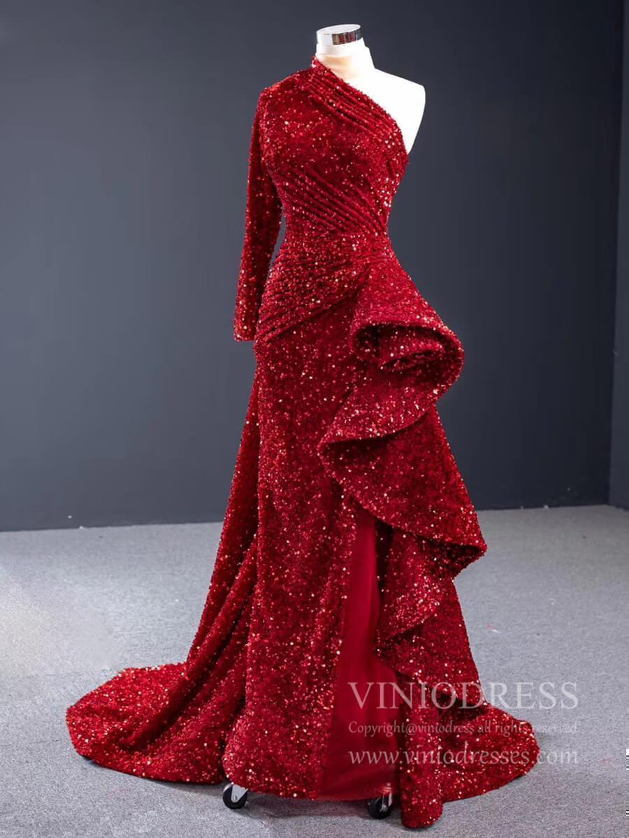 One Shoulder Long Sleeve Sequin Prom Dresses Sheath Overskirt Pageant Gown FD1993-prom dresses 2025 -Viniodress-Dark Red-Custom Size-