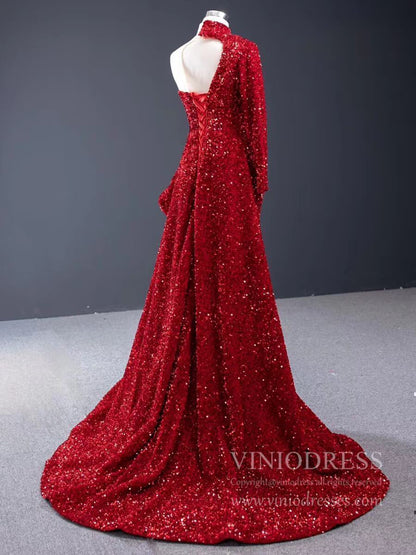 One Shoulder Long Sleeve Sequin Prom Dresses Sheath Overskirt Pageant Gown FD1993-prom dresses 2025 -Viniodress-Dark Red-Custom Size-