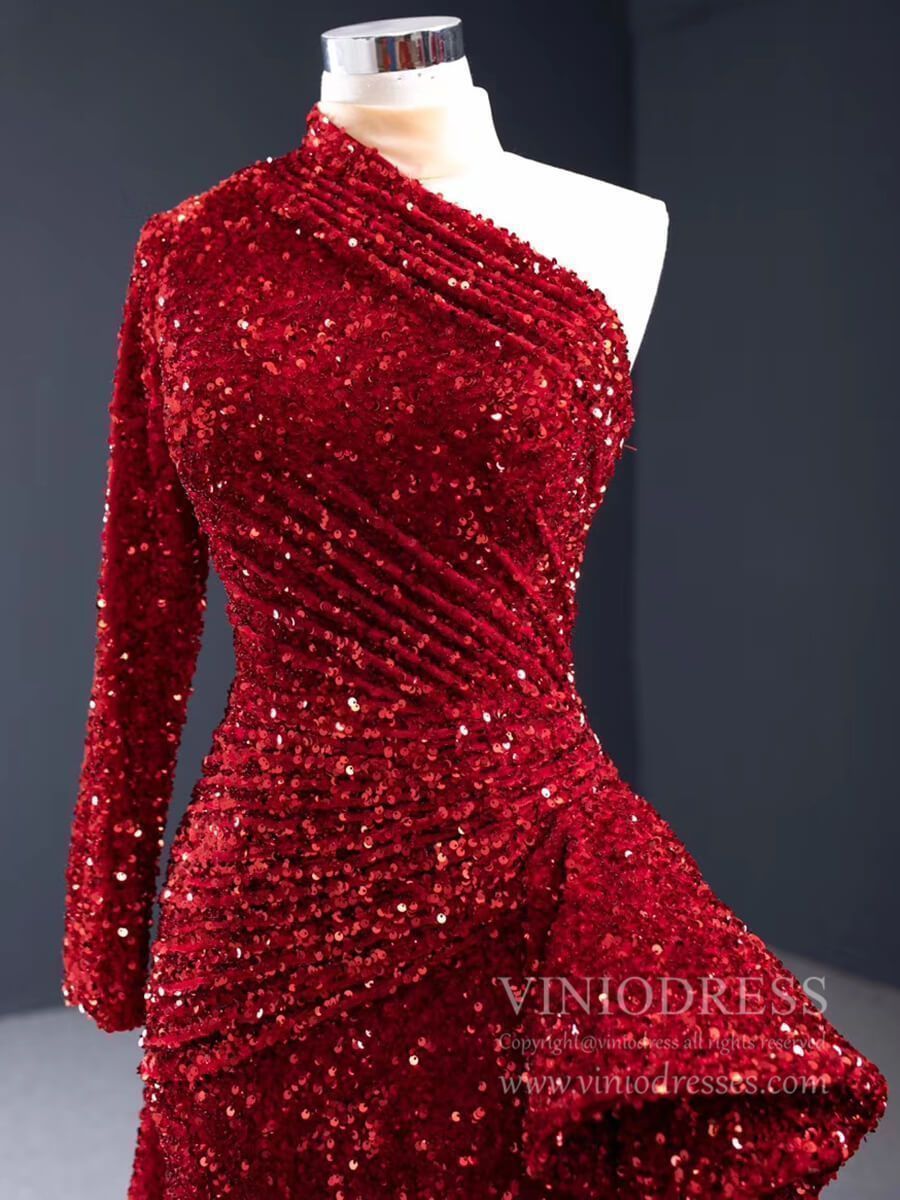 One Shoulder Long Sleeve Sequin Prom Dresses Sheath Overskirt Pageant Gown FD1993-prom dresses 2025 -Viniodress-Dark Red-Custom Size-