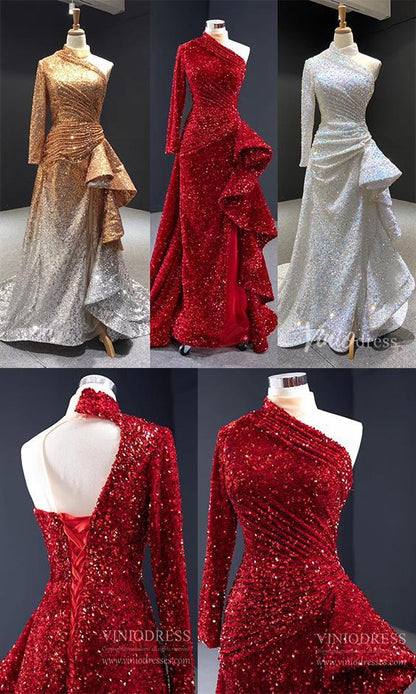 One Shoulder Long Sleeve Sequin Prom Dresses Sheath Overskirt Pageant Gown FD1993-prom dresses 2025 -Viniodress-Dark Red-Custom Size-