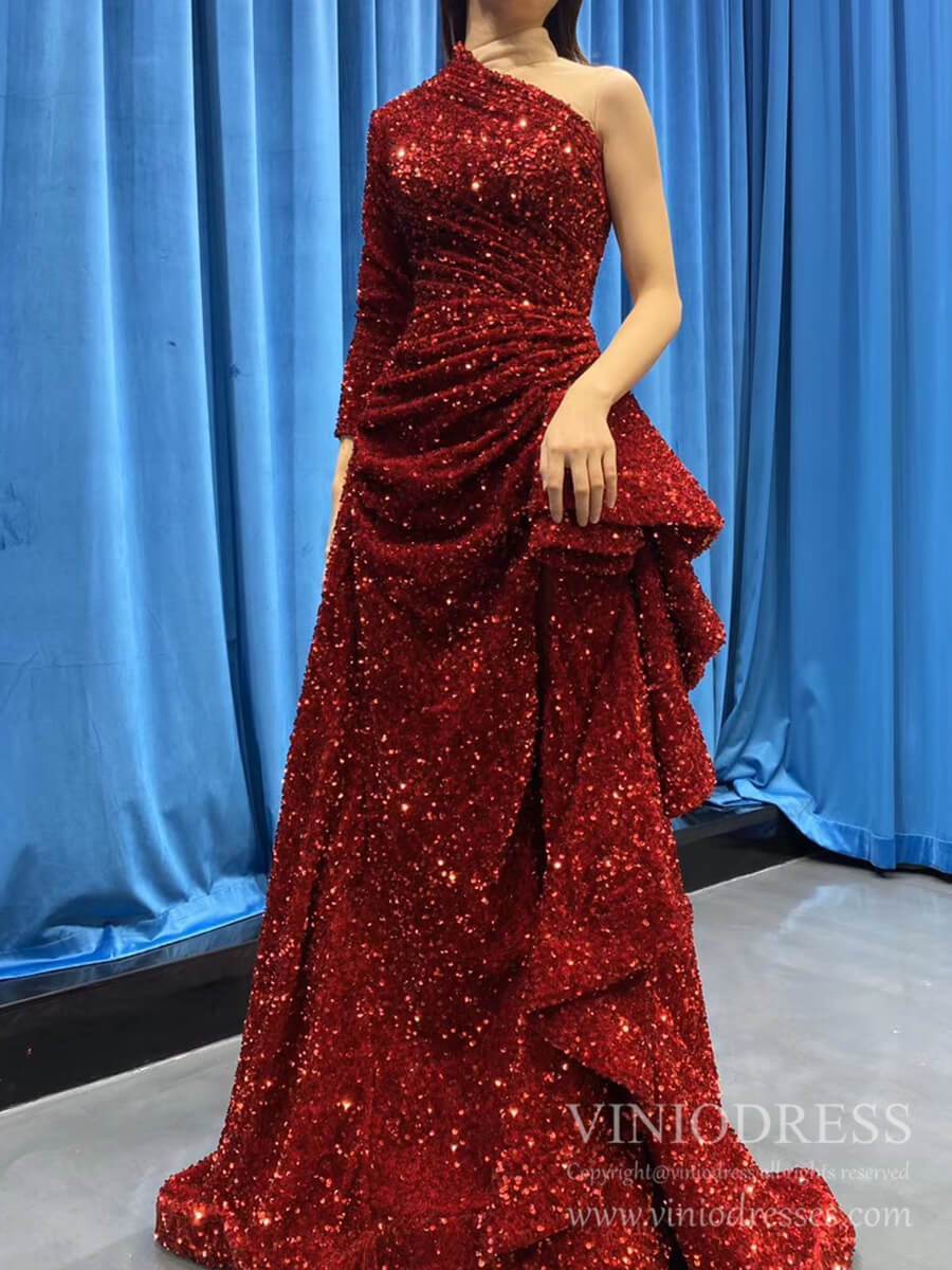 One Shoulder Long Sleeve Sequin Prom Dresses Sheath Overskirt Pageant Gown FD1993-prom dresses 2025 -Viniodress-Dark Red-Custom Size-