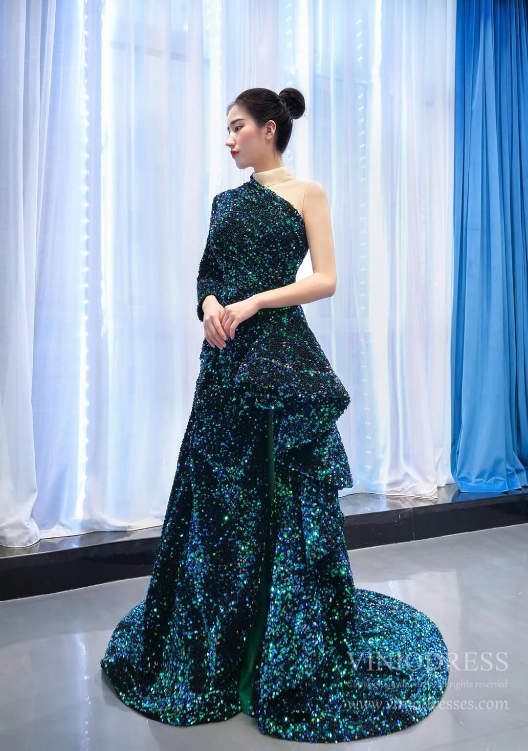 One Shoulder Long Sleeve Sequin Prom Dresses Sheath Overskirt Pageant Gown FD1993-prom dresses 2025 -Viniodress-Dark Red-Custom Size-