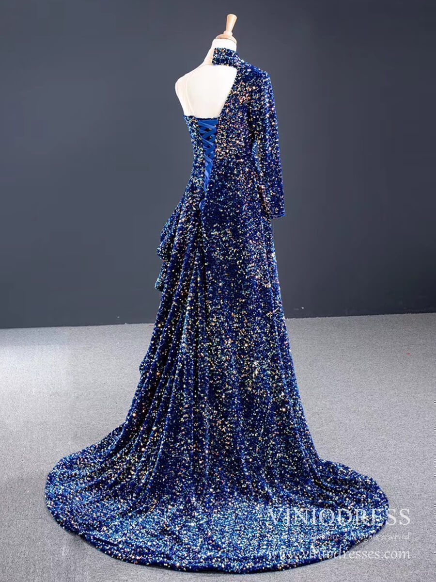 One Shoulder Long Sleeve Sequin Prom Dresses Sheath Overskirt Pageant Gown FD1993-prom dresses 2025 -Viniodress-Dark Red-Custom Size-