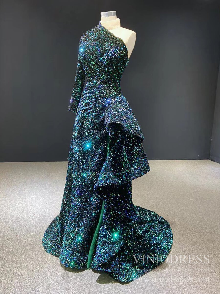 One Shoulder Long Sleeve Sequin Prom Dresses Sheath Overskirt Pageant Gown FD1993-prom dresses 2025 -Viniodress-Dark Red-Custom Size-