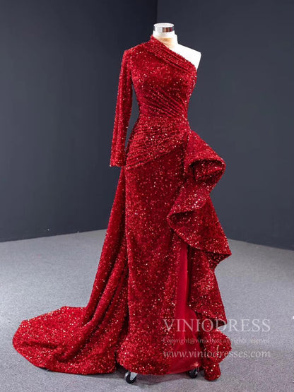 One Shoulder Long Sleeve Sequin Prom Dresses Sheath Overskirt Pageant Gown FD1993-prom dresses 2025 -Viniodress-Dark Red-Custom Size-