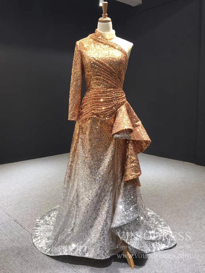 One Shoulder Long Sleeve Sequin Prom Dresses Sheath Overskirt Pageant Gown FD1993-prom dresses 2025 -Viniodress-Gold-Custom Size-