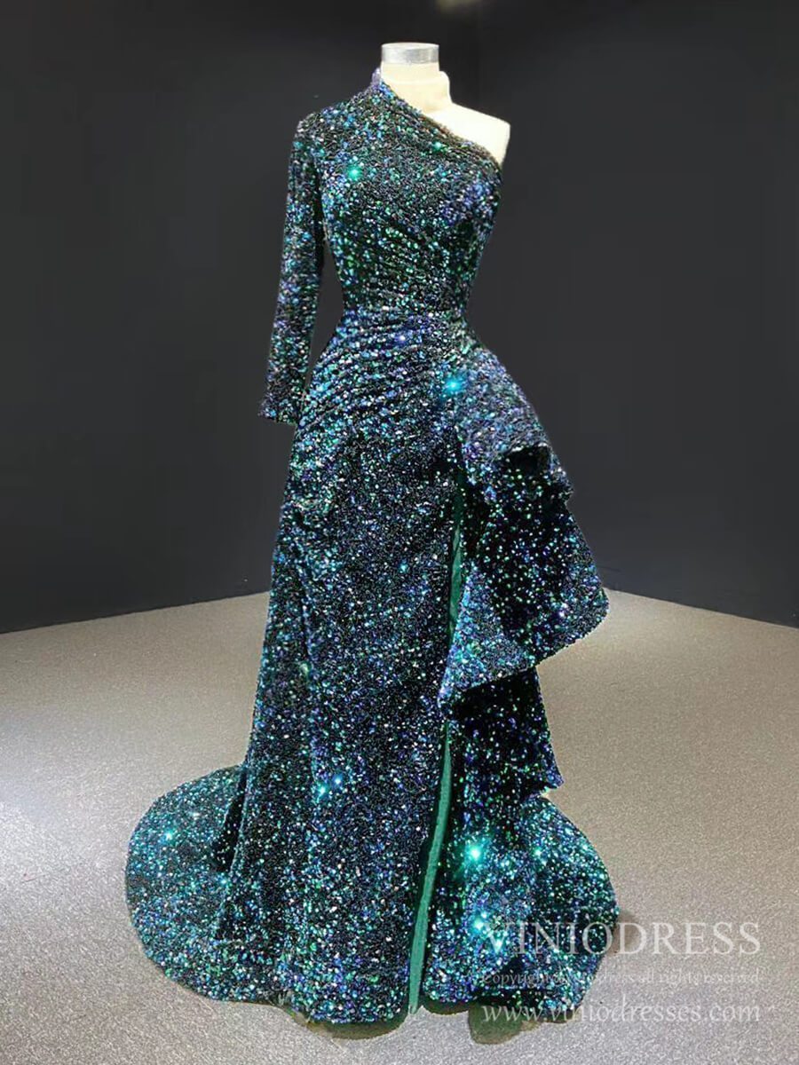 One Shoulder Long Sleeve Sequin Prom Dresses Sheath Overskirt Pageant Gown FD1993-prom dresses 2025 -Viniodress-Green-Custom Size-