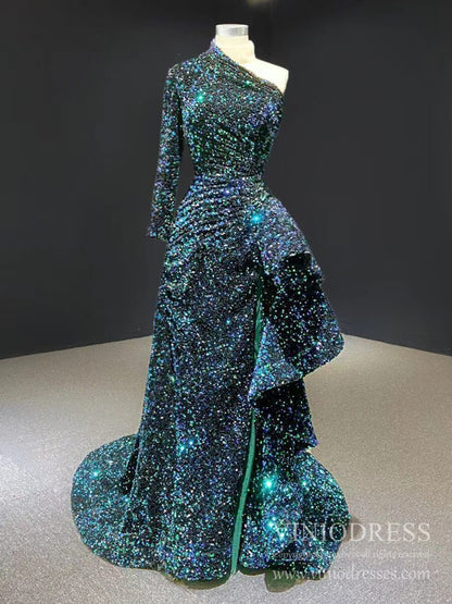 One Shoulder Long Sleeve Sequin Prom Dresses Sheath Overskirt Pageant Gown FD1993-prom dresses 2025 -Viniodress-Green-Custom Size-