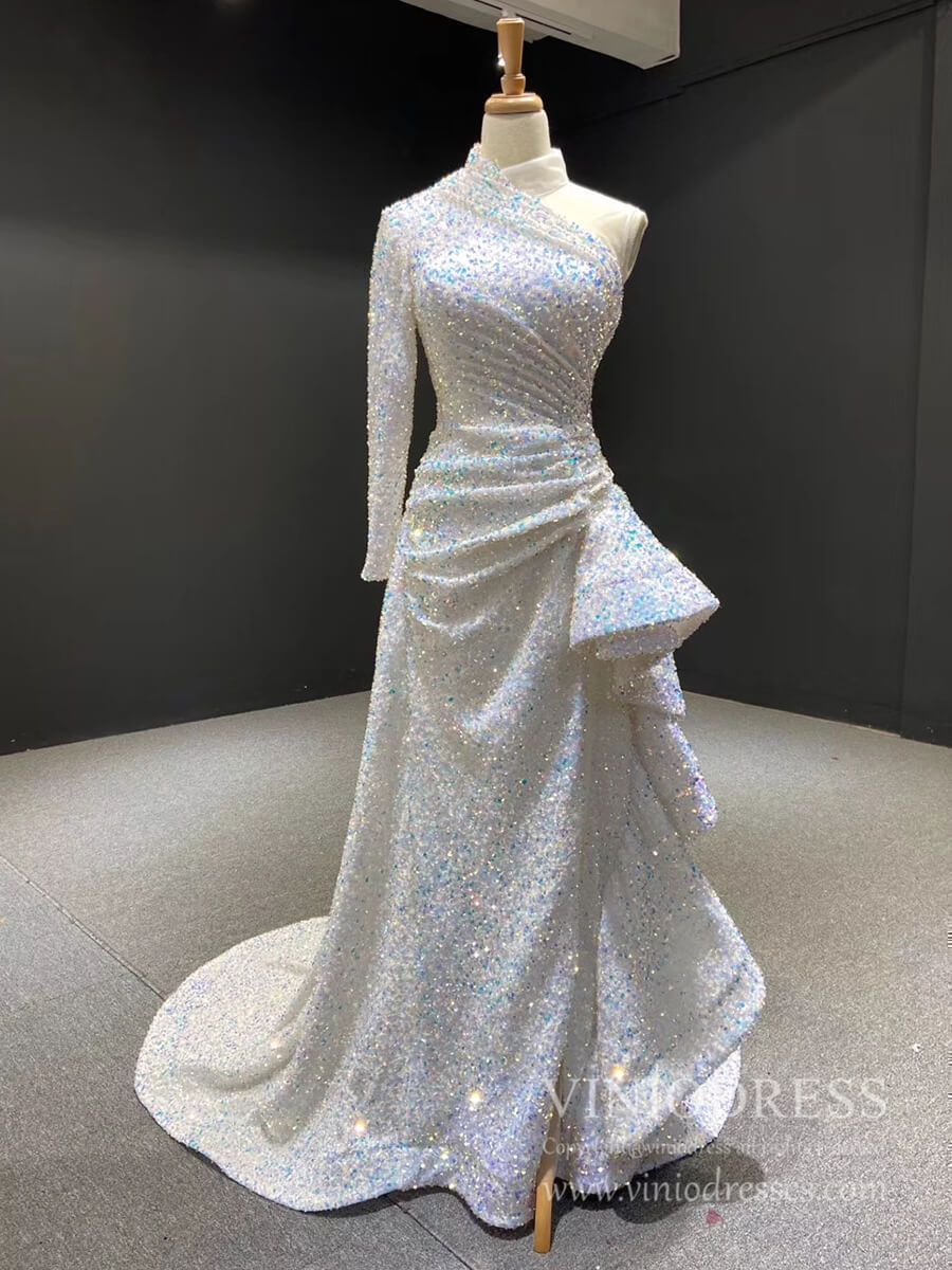 One Shoulder Long Sleeve Sequin Prom Dresses Sheath Overskirt Pageant Gown FD1993-prom dresses 2025 -Viniodress-Ivory-Custom Size-