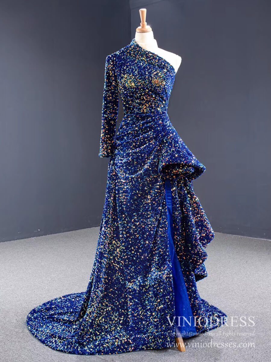 One Shoulder Long Sleeve Sequin Prom Dresses Sheath Overskirt Pageant Gown FD1993-prom dresses 2025 -Viniodress-Royal Blue-Custom Size-