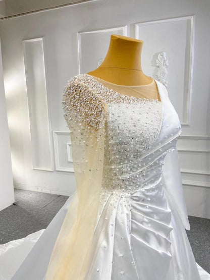 One Shoulder Long Sleeve Sheath Satin Wedding Dresses with Long Train VW2024-wedding dresses 2025 -Viniodress-As Picture-Custom Size-