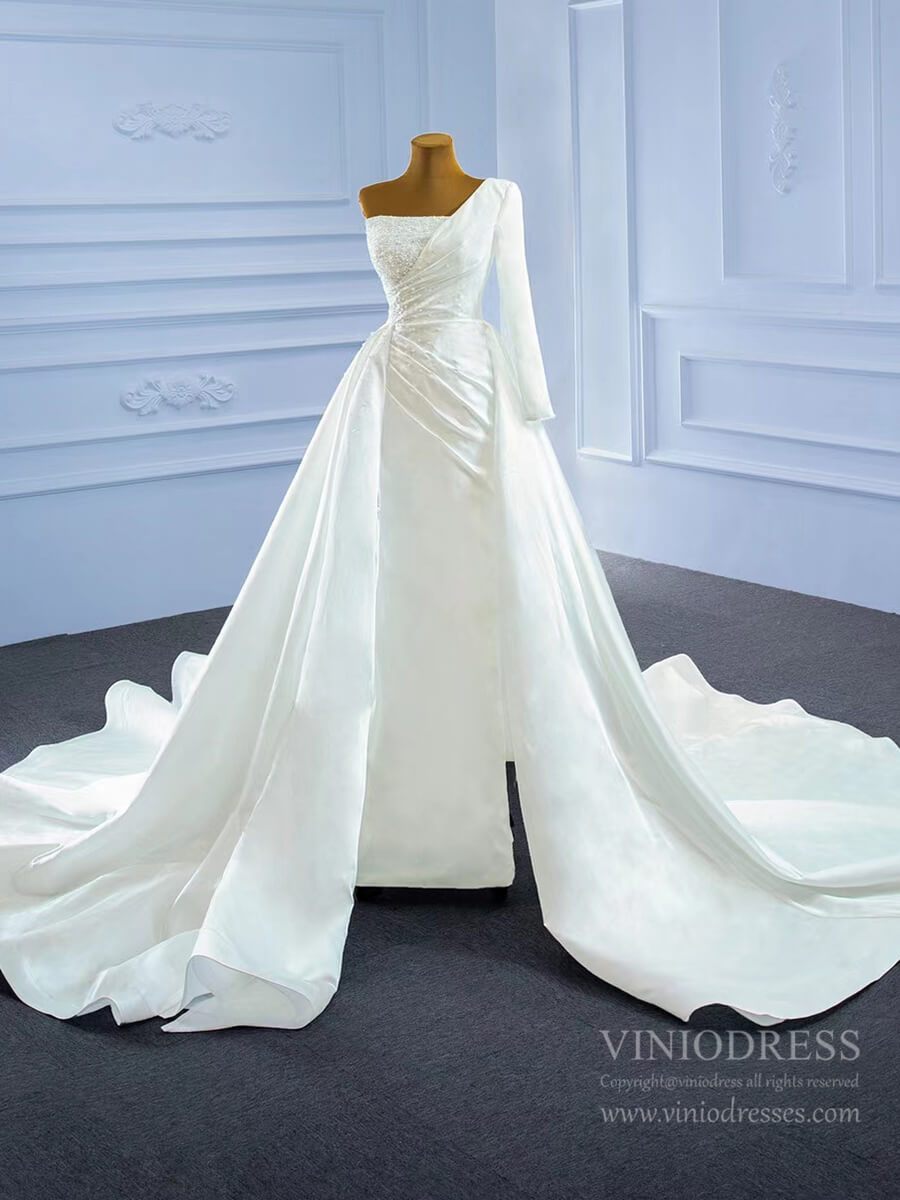 One Shoulder Long Sleeve Sheath Satin Wedding Dresses with Long Train VW2024-wedding dresses 2025 -Viniodress-As Picture-Custom Size-