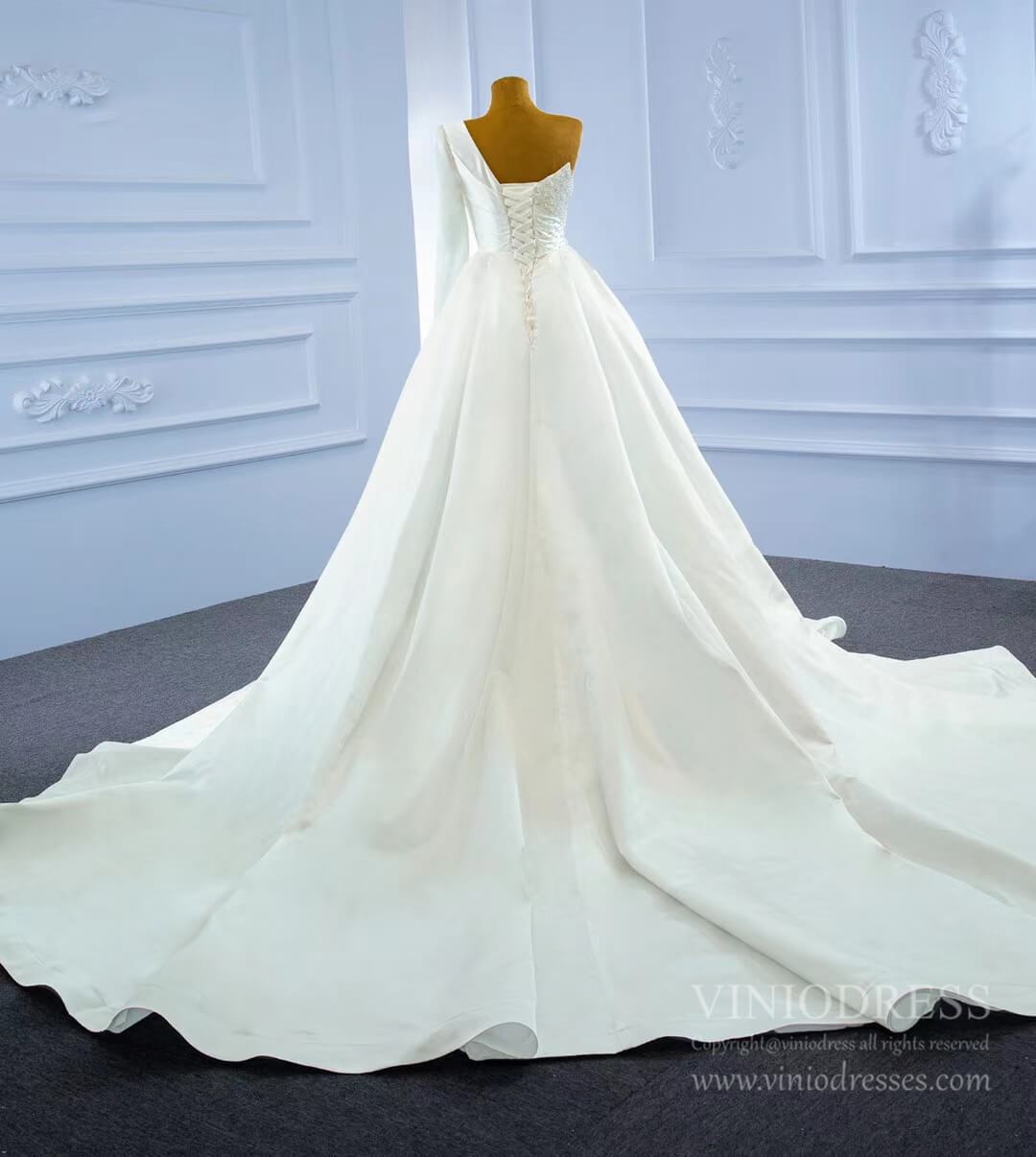fitted lace wedding dress Off Shoulder White Satin Mermaid One Sleeve Long Evening Prom Dresses, –  MarryLover main image 1