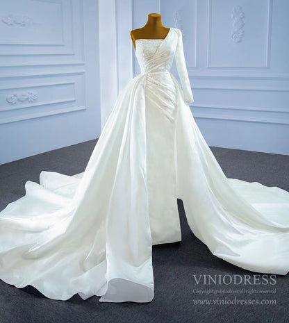 One Shoulder Long Sleeve Sheath Satin Wedding Dresses with Long Train VW2024-wedding dresses 2025 -Viniodress-As Picture-Custom Size-