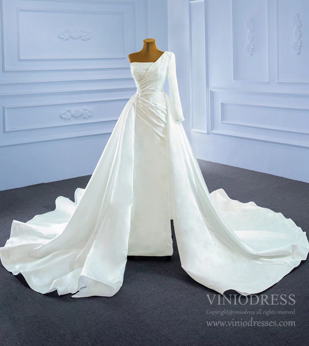 One Shoulder Long Sleeve Sheath Satin Wedding Dresses with Long Train VW2024-wedding dresses 2025 -Viniodress-As Picture-Custom Size-