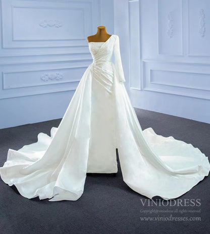 One Shoulder Long Sleeve Sheath Satin Wedding Dresses with Long Train VW2024-wedding dresses 2025 -Viniodress-As Picture-Custom Size-