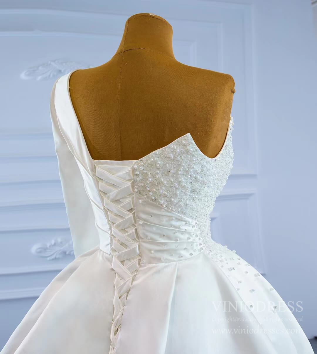 One Shoulder Long Sleeve Sheath Satin Wedding Dresses with Long Train VW2024-wedding dresses 2025 -Viniodress-As Picture-Custom Size-