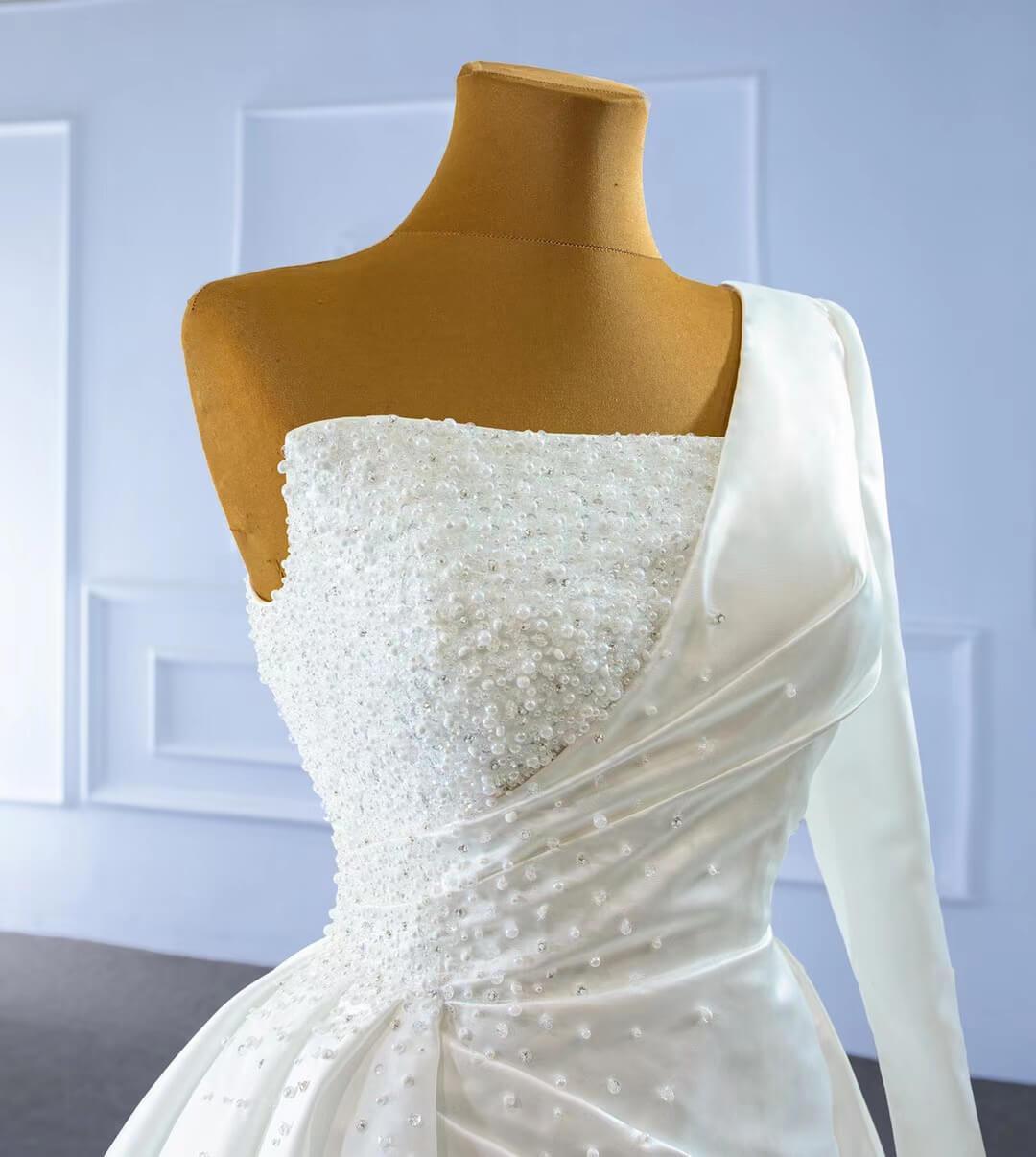 One Shoulder Long Sleeve Sheath Satin Wedding Dresses with Long Train VW2024-wedding dresses 2025 -Viniodress-As Picture-Custom Size-