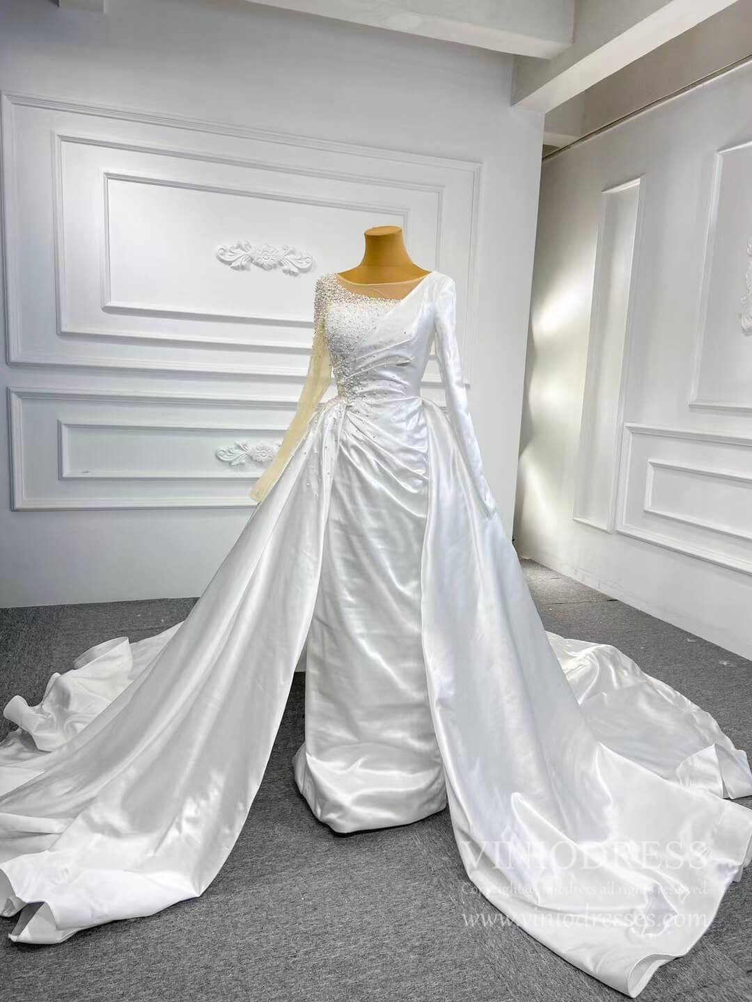 One Shoulder Long Sleeve Sheath Satin Wedding Dresses with Long Train VW2024-wedding dresses 2025 -Viniodress-As Picture-Custom Size-