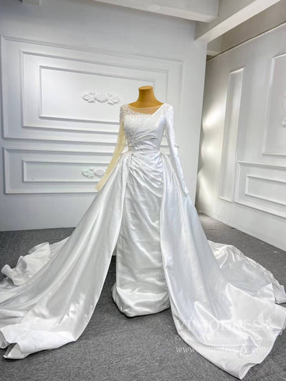 One Shoulder Long Sleeve Sheath Satin Wedding Dresses with Long Train VW2024-wedding dresses 2025 -Viniodress-As Picture-Custom Size-