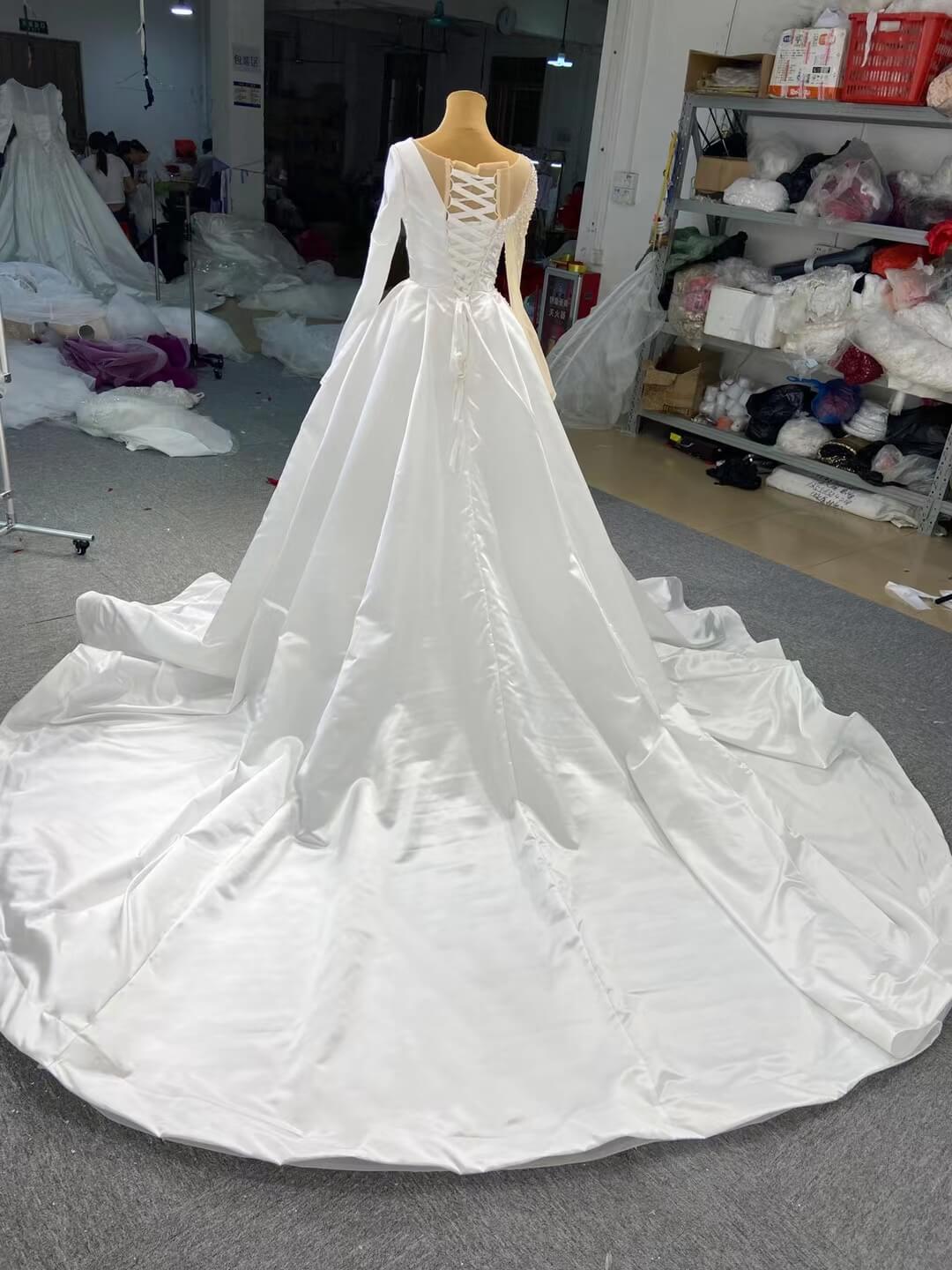 One Shoulder Long Sleeve Sheath Satin Wedding Dresses with Long Train VW2024-wedding dresses 2025 -Viniodress-As Picture-Custom Size-