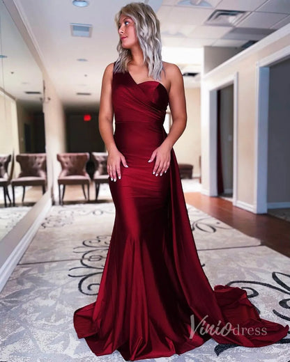 One Shoulder Mermaid Prom Dress Pleated Overskirt Formal Gown FD2846-prom dresses 2025 -Viniodress-Burgundy-Custom Size-