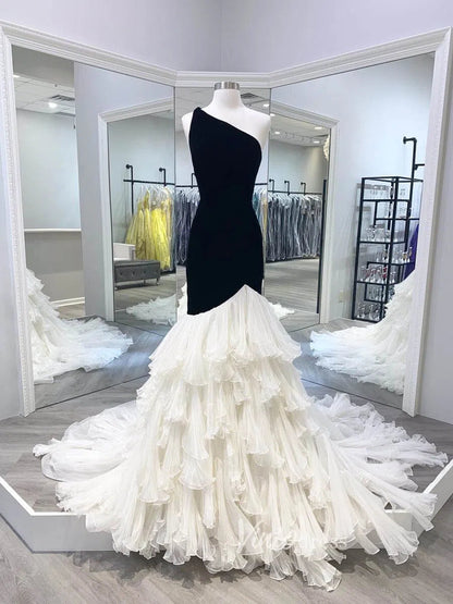 One Shoulder Mermaid Prom Dress Velvet Bodice & Pleated Ruffle Skirt Pageant Gown FD1499-prom dresses 2025 -Viniodress-Black-Custom Size-