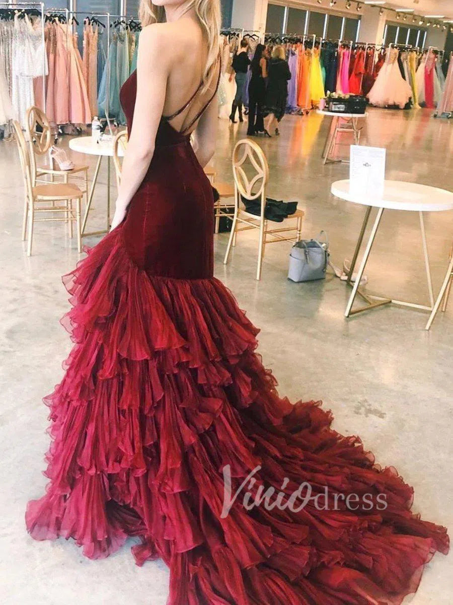 One Shoulder Mermaid Prom Dress Velvet Bodice & Pleated Ruffle Skirt Pageant Gown FD1499-prom dresses 2025 -Viniodress-Burgundy-Custom Size-