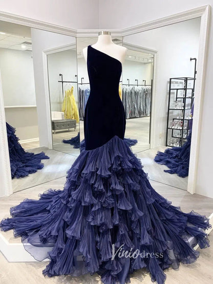 One Shoulder Mermaid Prom Dress Velvet Bodice & Pleated Ruffle Skirt Pageant Gown FD1499-prom dresses 2025 -Viniodress-Navy Blue-Custom Size-