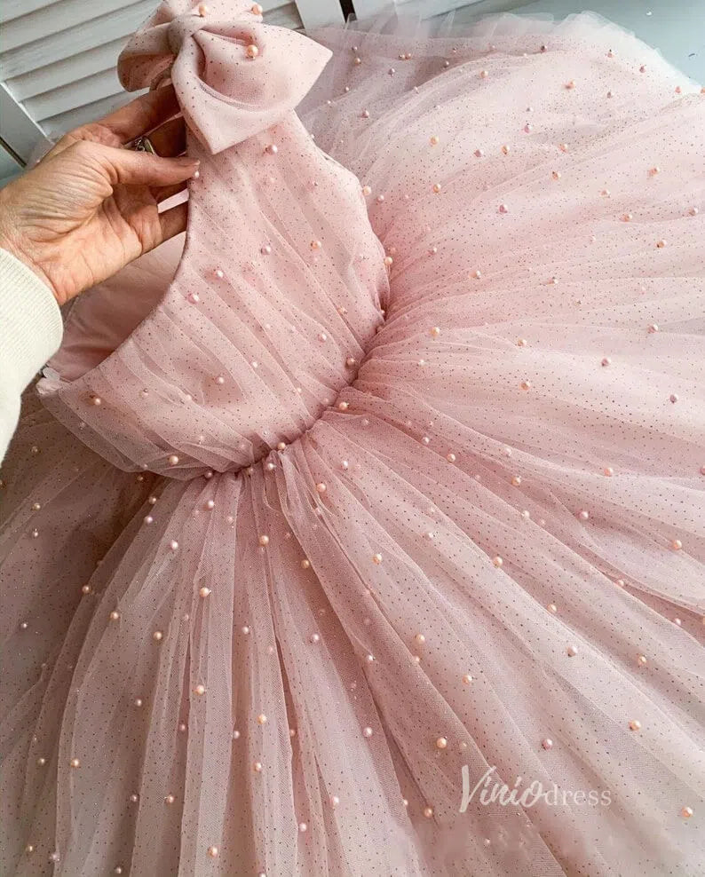 One Shoulder Pearl Flower Girl Dresses for Wedding GL1117-flower girl dresses 2025 -Viniodress-Pink-Custom Size-