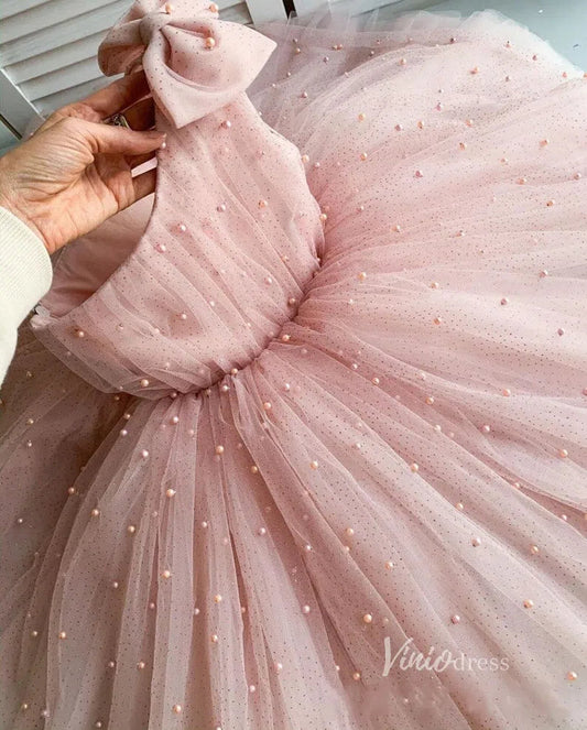 One Shoulder Pearl Flower Girl Dresses for Wedding GL1117-flower girl dresses 2025 -Viniodress-Pink-Custom Size-