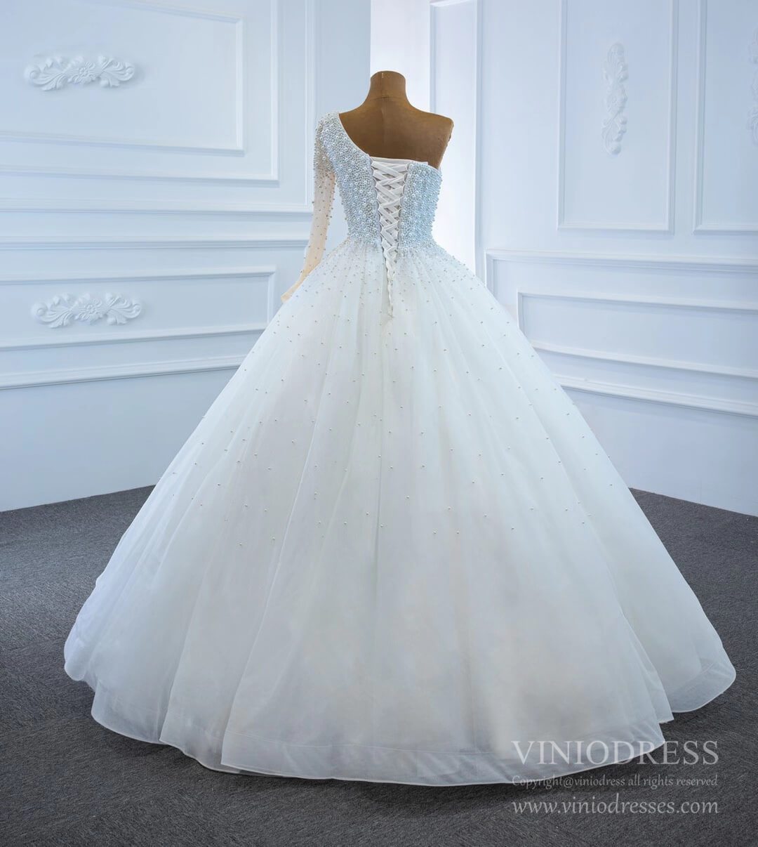 One Shoulder Pearls Wedding Dresses with Sleeves VW1772-wedding dresses-Viniodress-Viniodress