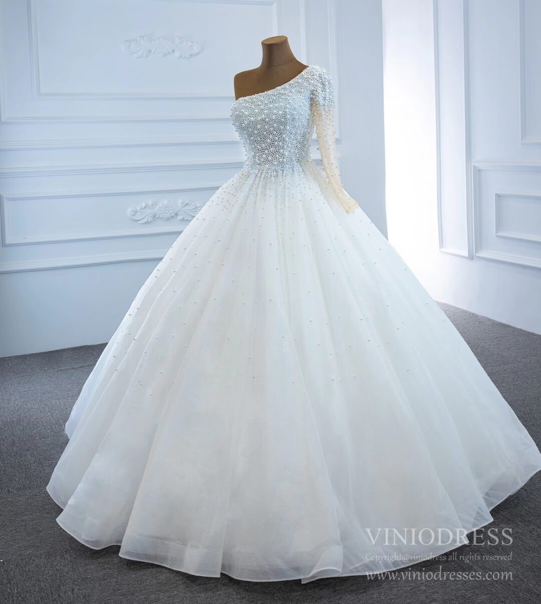 One Shoulder Pearls Wedding Dresses with Sleeves VW1772-wedding dresses-Viniodress-Viniodress