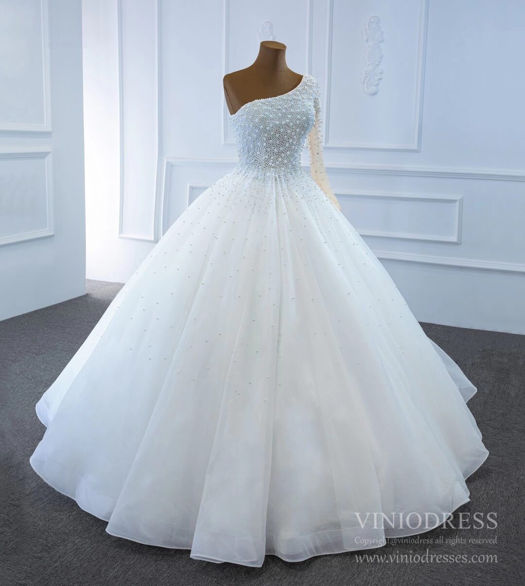 One Shoulder Pearls Wedding Dresses with Sleeves VW1772-wedding dresses-Viniodress-Viniodress