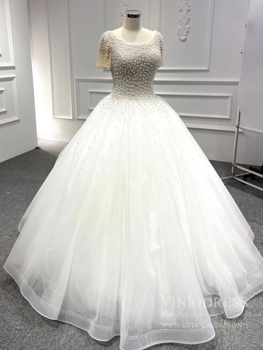 One Shoulder Pearls Wedding Dresses with Sleeves VW1772-wedding dresses-Viniodress-Viniodress