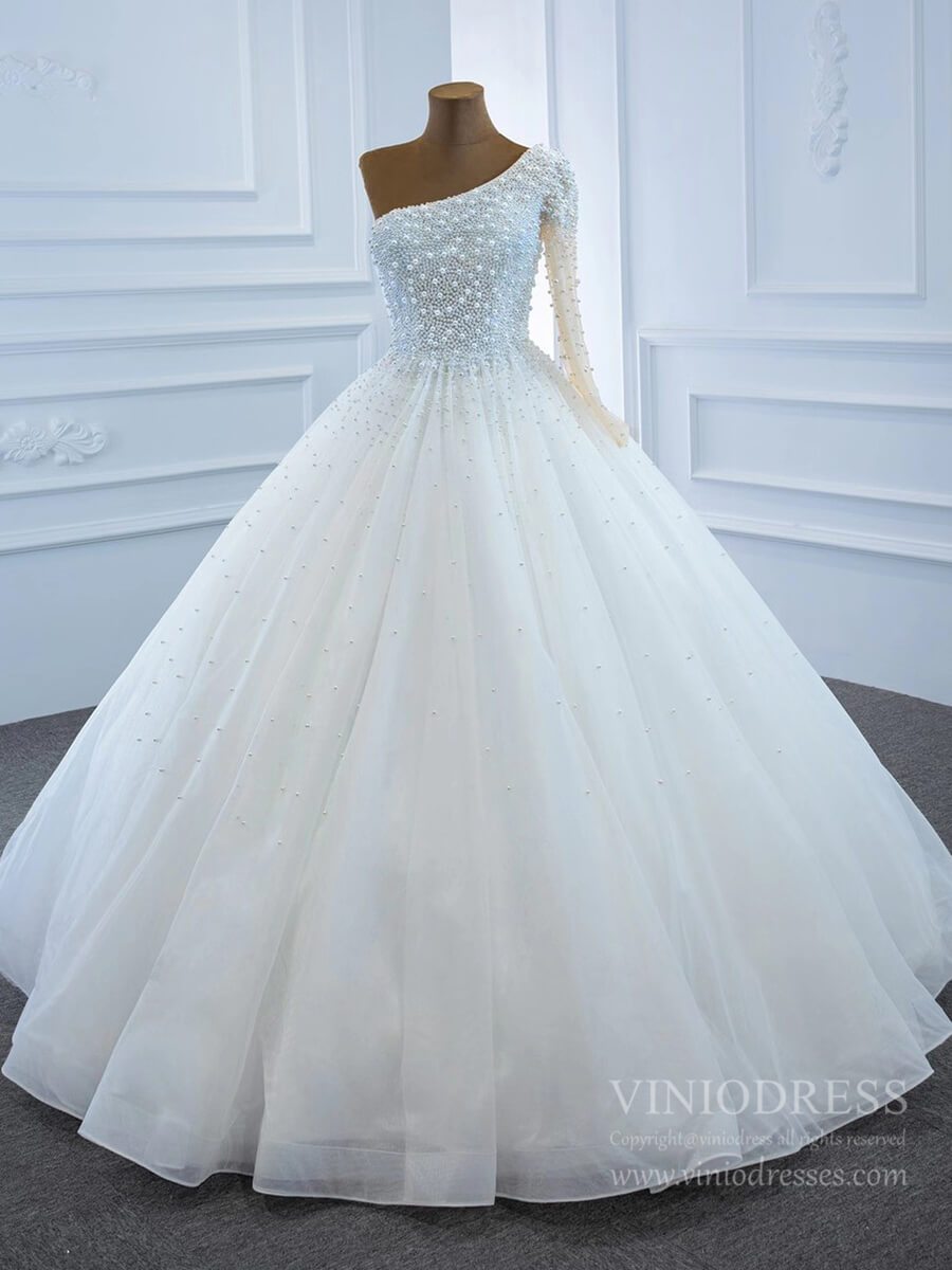 One Shoulder Pearls Wedding Dresses with Sleeves VW1772-wedding dresses-Viniodress-As Picture-Custom Size-Viniodress