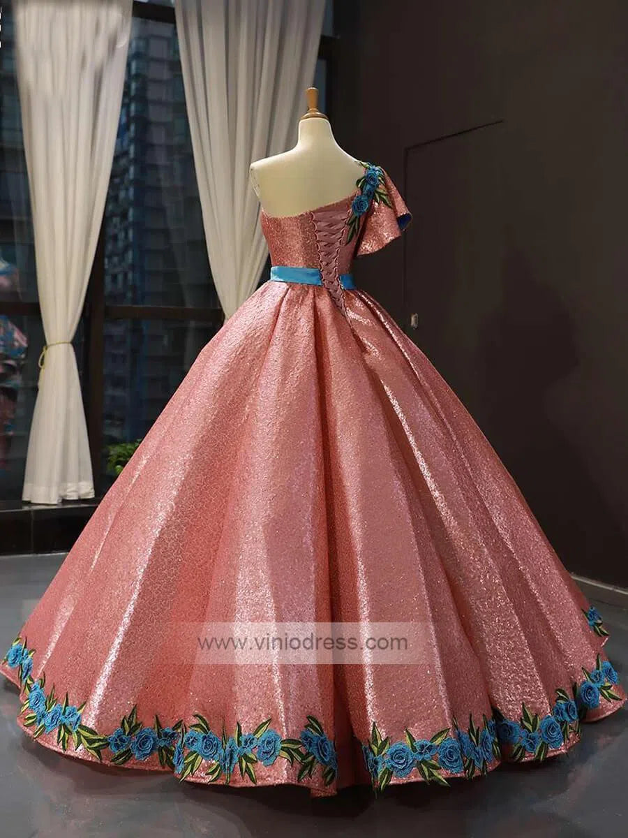 One Shoulder Pink Quinceanera Dresses Sweet 15 Dress FD1144 viniodress-prom dresses 2025 -Viniodress-Pink-US 2-