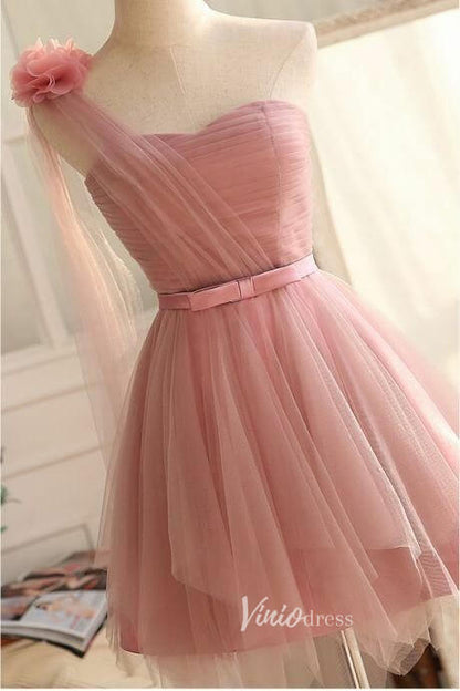 One Shoulder Pink Tulle Homecoming Dresses Short Prom Dress SD1546-Homecoming Dresses 2025 -Viniodress-Pink-Custom Size-