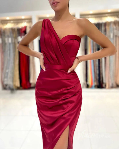 One Shoulder Pleated Cocktail Dress Satin Midi Prom Dress with Slit SD1413-Homecoming Dresses 2025 -Viniodress-Emerald Green-Custom Size-